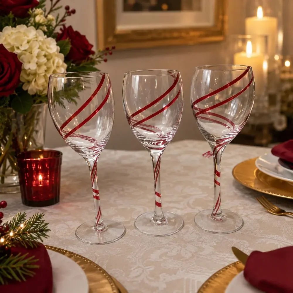3 Pier 1 Ribbon SWIRLINE Wine Glasses Goblets Red lot of 3